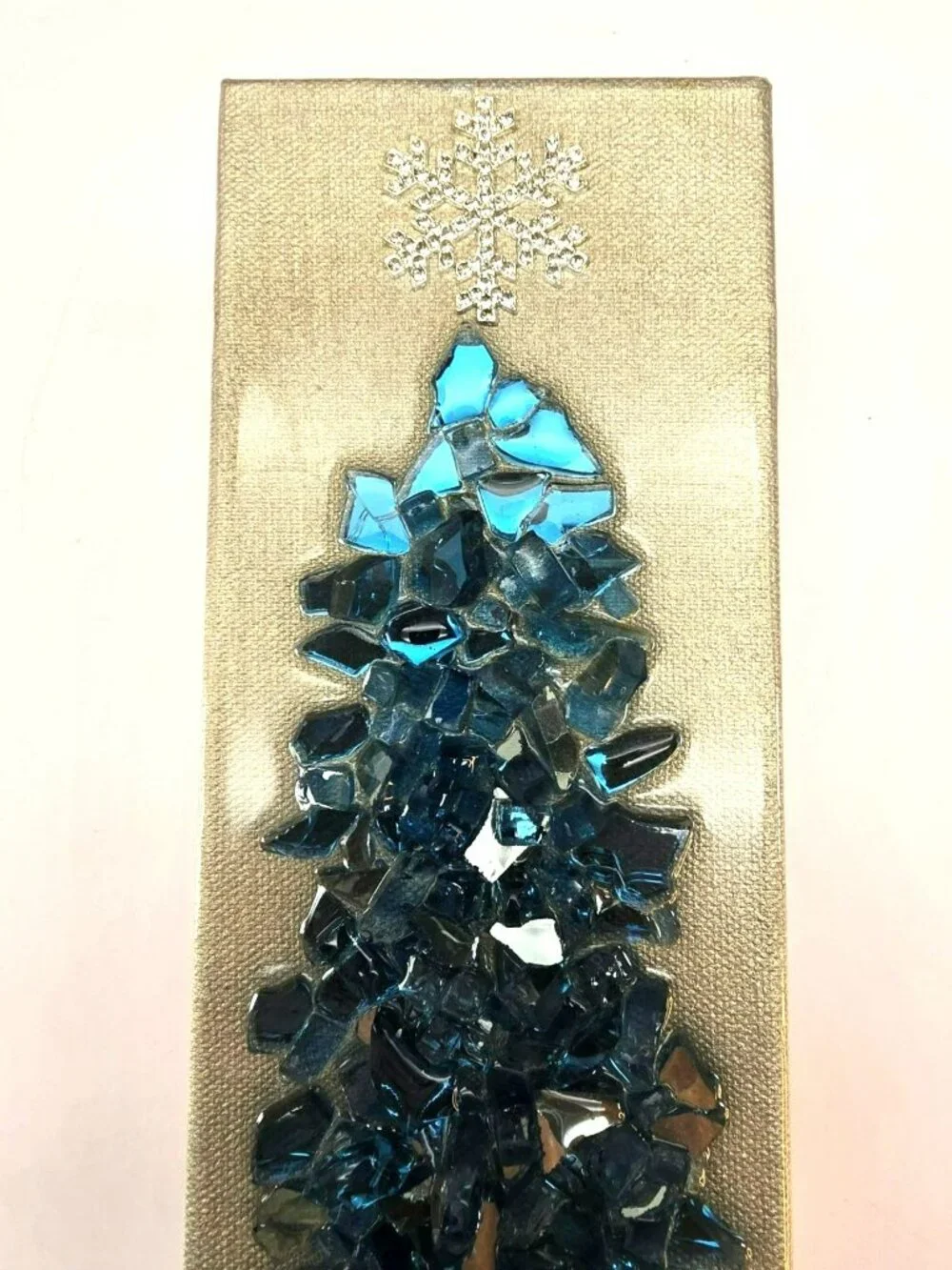 Crushed Blue Glass Mosaic Christmas Tree Art Glitter Snowflake On Canvas CM2313